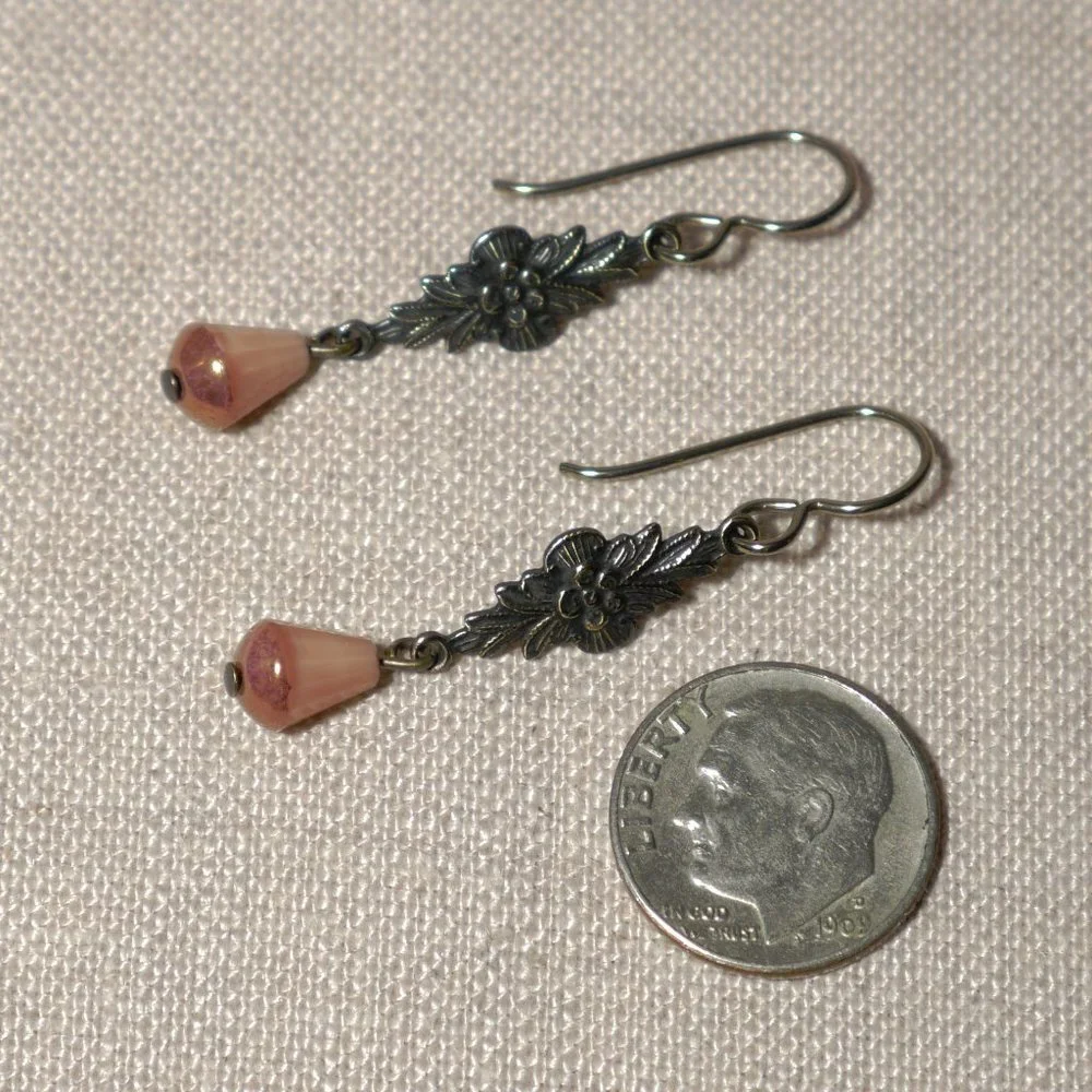 Hand Crafted Handmade Earrings Pink Victorian Style Dangle Earrings - Picture 3 of 4